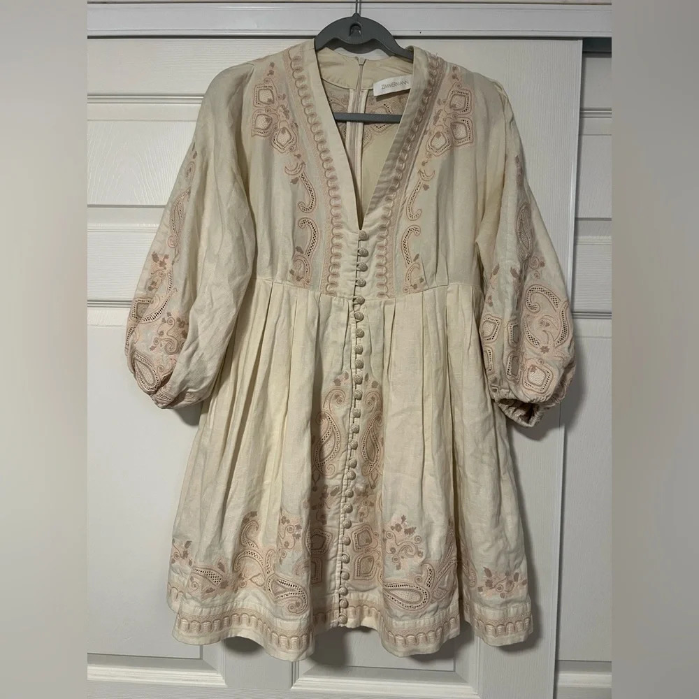 Zimmermann Estelle Embroidered Long‎ Balloon Sleeve Linen Dress Bohemian Fairy - Picture 3 of 8